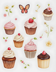 Set of vintage cupcakes and desserts illustrations, studio photography, with white tones