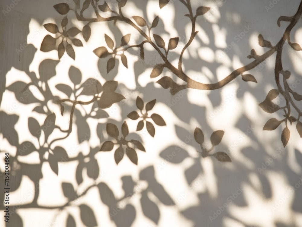 Poster a delicate shadow of leaves and branches cast on a wall, creating a serene atmosphere.