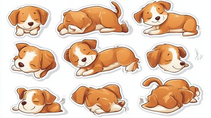Cartoon dog collection. Pose dogs, puppy portrait stickers. Flat doodle puppies characters for kids. Funny pets actions, sleeping and running, nowaday vector set