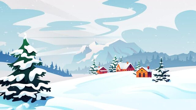 Carton snowy house winter landscape with snowflakes falls scene 2d animation parallax effect motion.