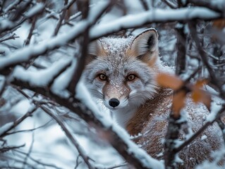 Obraz premium A fox partially hidden in snowy branches, showcasing its striking features and winter setting.