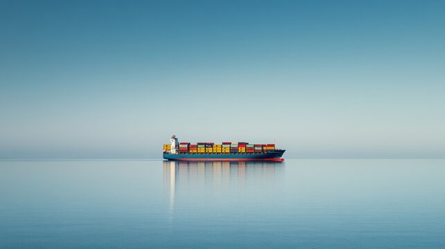 A solitary cargo ship floats on calm waters under a clear blue sky.