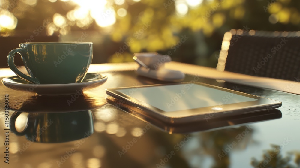Poster close up of empty tablet with reflections, coffee cup and other items on outdoor workplace table wit