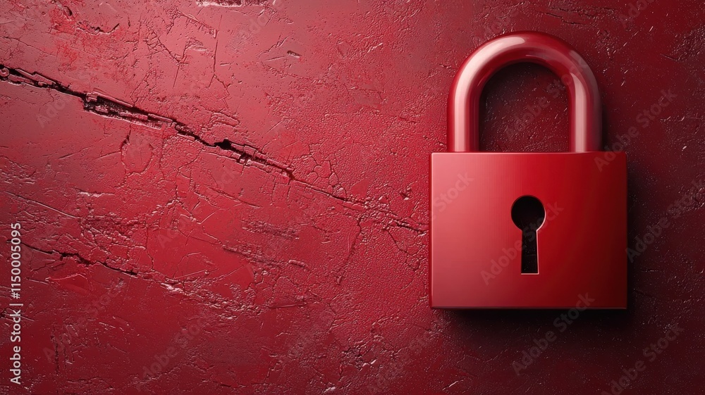 Poster red padlock on a textured surface with visible scratches.