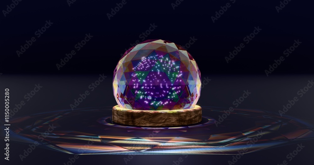 Wall mural luminescent particles within polyhedron glass globe. diffraction of light and caustics. 3d rendering