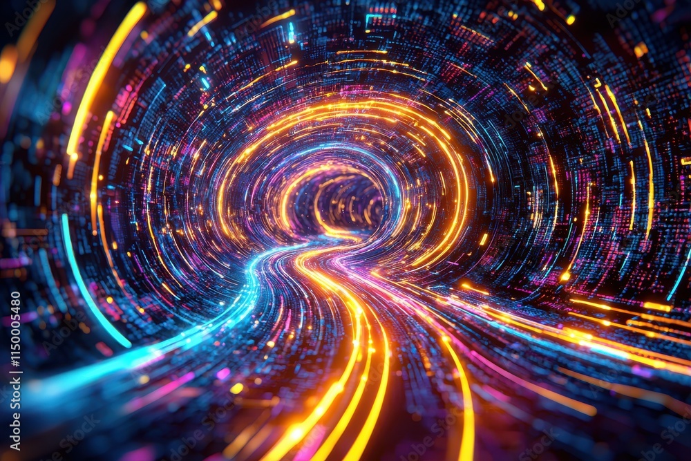 Poster vibrant abstract tunnel with glowing lights and dynamic lines.