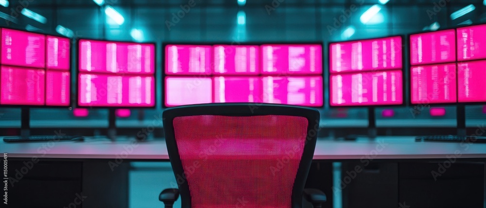 Poster high-tech workspace with multiple glowing pink monitors and an empty chair.