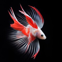 Obraz premium A vibrant, flowing betta fish with striking red and white fins against a dark background.