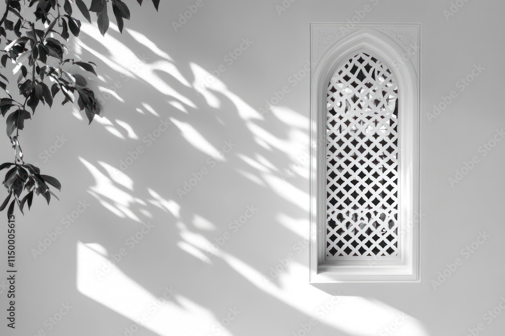 Aufkleber a decorative window with intricate lattice design casting shadows on a wall.