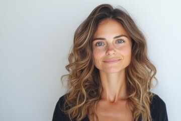 Fototapeta premium A smiling woman with wavy hair and bright eyes against a plain background.