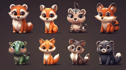 Obraz premium Exotic forest animals. Cute cartoon animal zoo life, zebra fox bear. Wild safari, comic kids elephant panda and different african decent characters