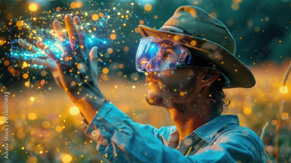 Poster a man in a hat interacts with glowing particles, blending nature and technology.