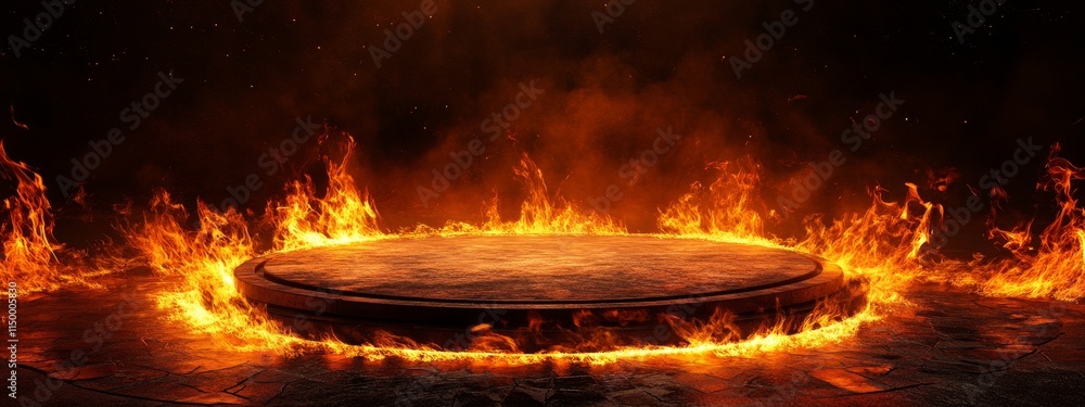 Poster fiery ring of fire surrounding a circular platform.