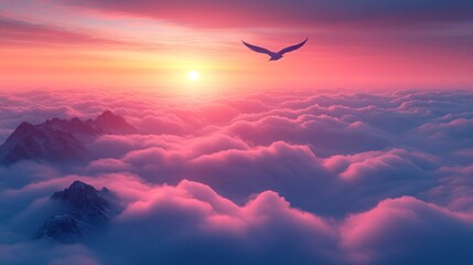 Obraz premium Majestic sunrise over mountainous landscape, with a bird soaring above a sea of clouds.