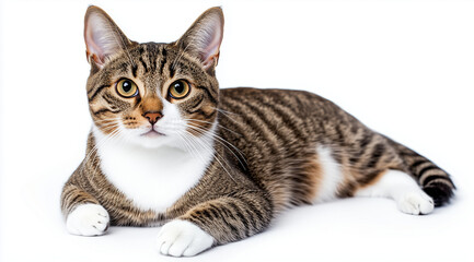 Fototapeta premium Tabby cat lying on white background, showcasing its striking fur pattern and inquisitive expression during a calm moment