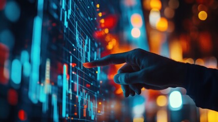 A hand interacts with a digital display showing data analytics and graphs.