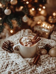 A cozy mug of hot chocolate with whipped cream and cinnamon sticks, surrounded by festive decor.