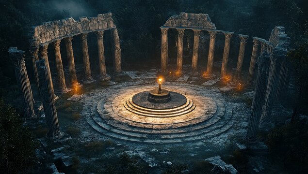 Ancient ruins at night, lit by a single torch in the center.
