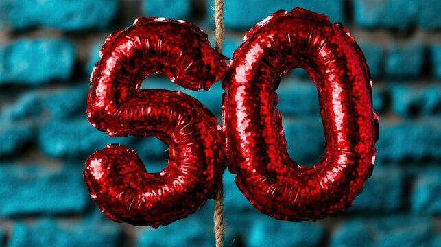 Red Glitter Number 50 Balloons Hanging Against Brick Wall