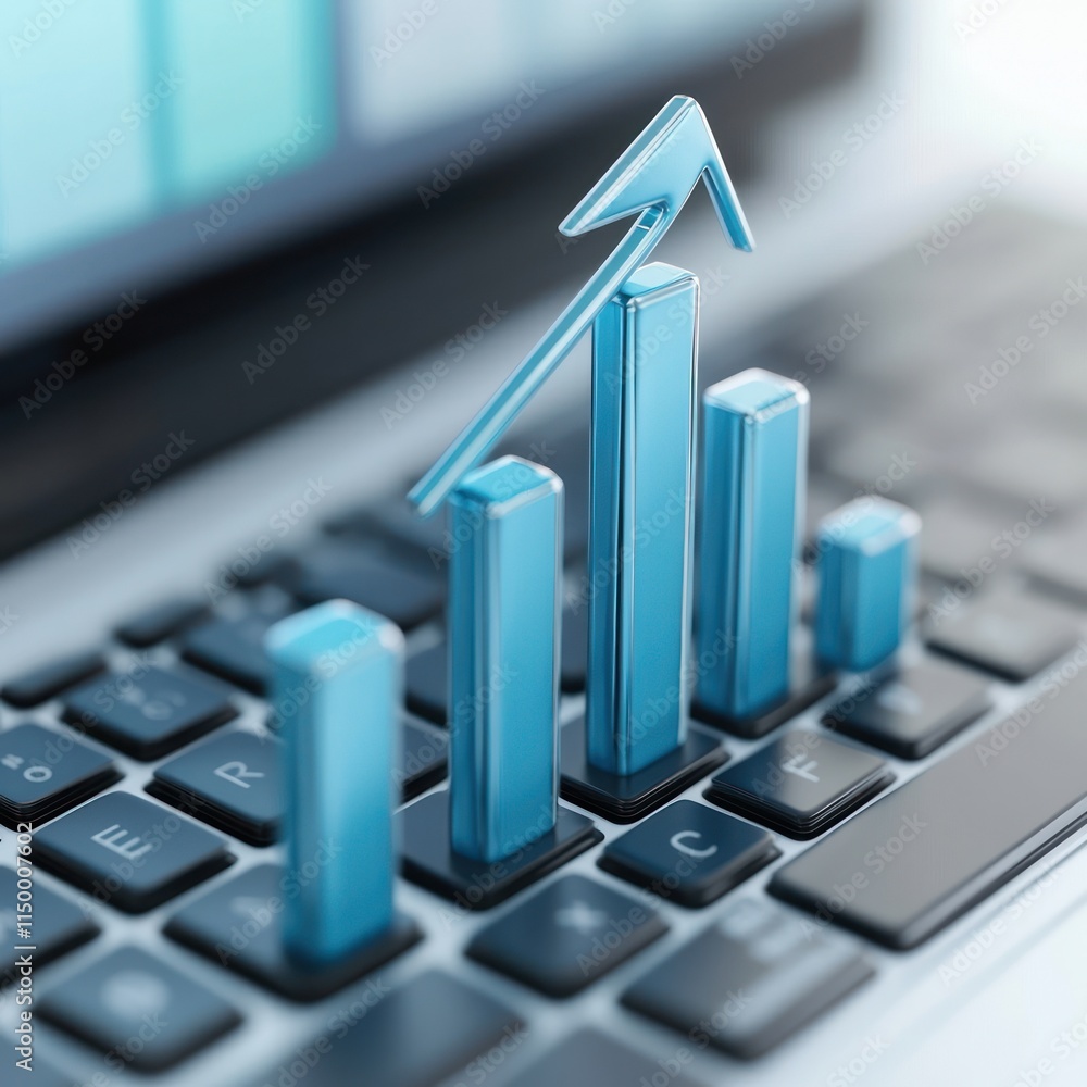 Poster a keyboard with blue bar graphs and an upward arrow, symbolizing business growth and analytics.