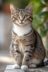 Fototapeta premium Beautiful tabby cat sits calmly outdoors in a serene garden setting under soft natural light