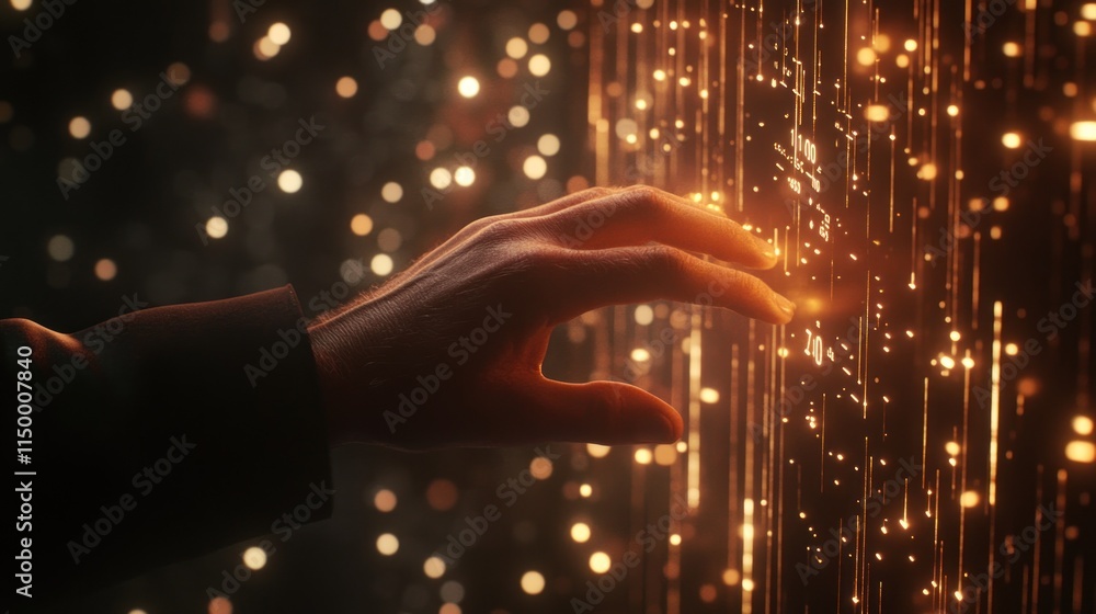 Wall mural a hand reaches out to shimmering particles, suggesting interaction with technology or magic.