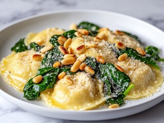 A plate of ravioli topped with spinach, pine nuts, and cheese, showcasing a delicious meal.