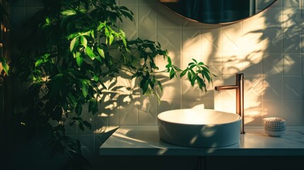 A serene bathroom scene featuring a stylish sink, plant, and warm sunlight.