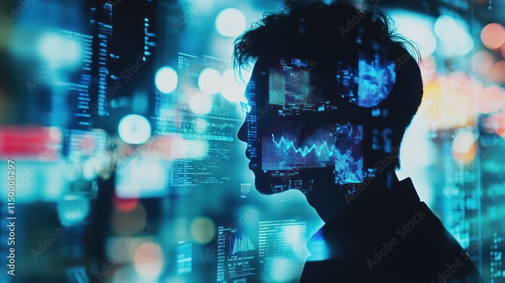 Poster a silhouette of a person against a backdrop of digital data and graphs, symbolizing technology.