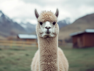 Obraz premium Llama standing in serene mountainous landscape with rustic buildings in background
