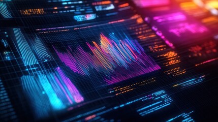 Obraz premium Abstract digital visualization of sound waves with vibrant colors and data patterns.