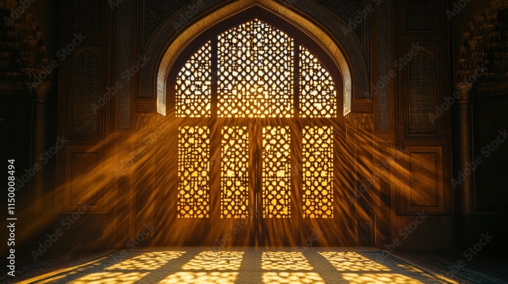 Poster a beautifully lit window with intricate patterns, casting rays of light into a serene space.