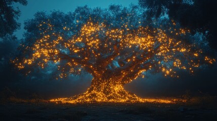 A mystical tree illuminated with glowing lights in a serene, foggy environment.