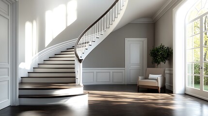 Obraz premium Stylish entryway with a curved staircase dark wooden floor