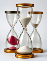 Set of vintage hourglasses isolated, magazine photoshoot, with white tones