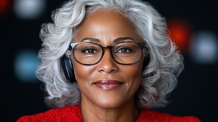 Confident Mature Woman with Grey Hair and Glasses Wearing Headphones
