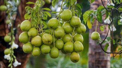 Photo of ripe guava fruits hanging from their stems. The fruits are surrounded by fresh green foliage. There are fruit trees in the background. The background is blurred.