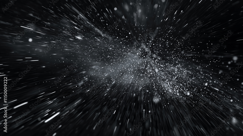 Poster a dynamic portrayal of cosmic motion, featuring streaks of light and particles against a dark backdr