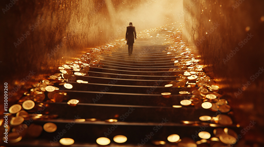 Poster an elegant staircase adorned with coins, each step representing a milestone in wealth creation, with