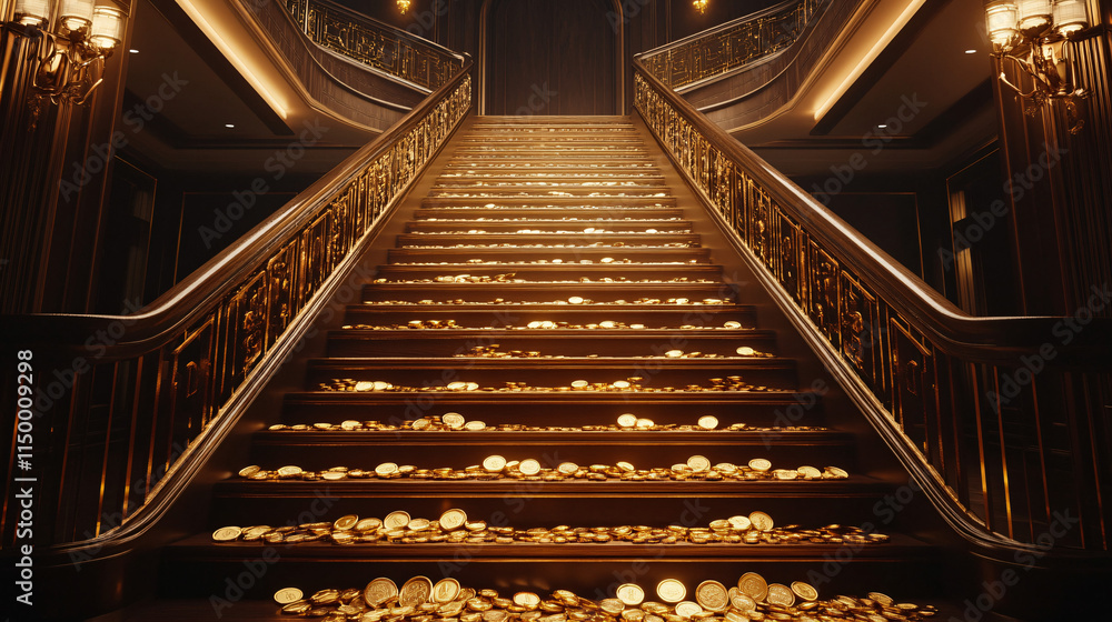 Poster an elegant staircase adorned with coins, each step representing a milestone in wealth creation, with