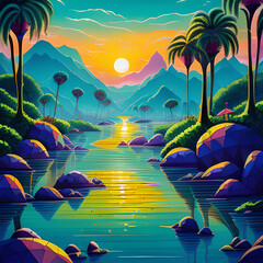  Tropical southeast asian landscape with traditional jungle and plants in the front and islands, sea and yachts in the background. Retro travel poster.generative ai