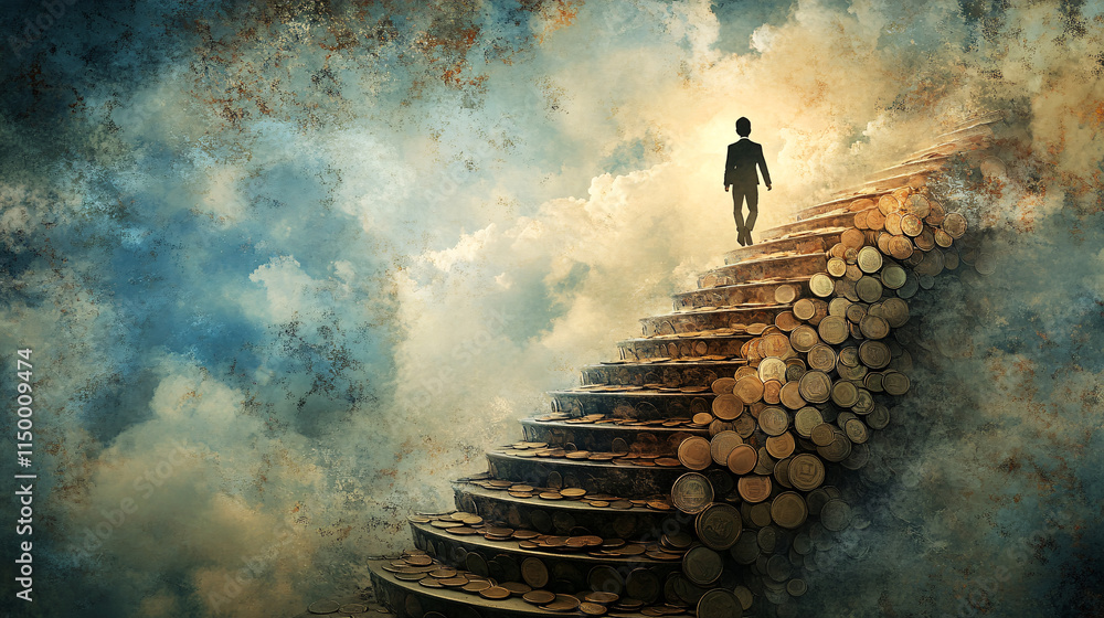 Poster an elegant staircase adorned with coins, each step representing a milestone in wealth creation, with