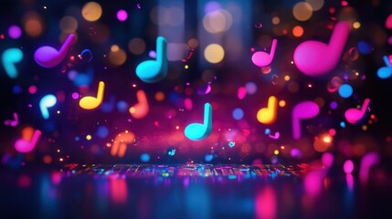 Colorful musical notes float against a vibrant, blurred background, creating a lively atmosphere.