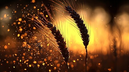 Golden wheat stalks backlit by sunset.