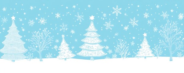 A winter scene with snowflakes, trees, and a serene blue background.