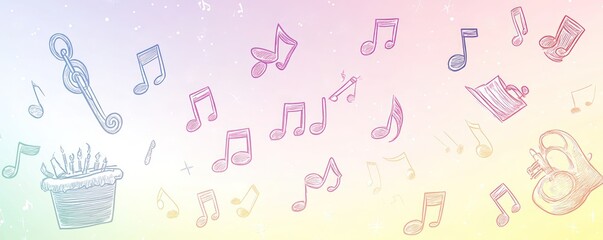 A pastel-colored background featuring musical notes, a cake, and whimsical doodles.