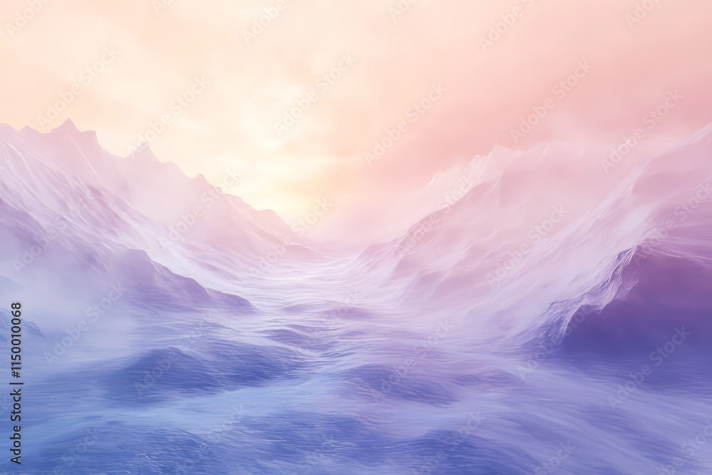 Poster Multi-layered ice texture with misty surface revealing rocks and depth in a serene natural landscape at dawn