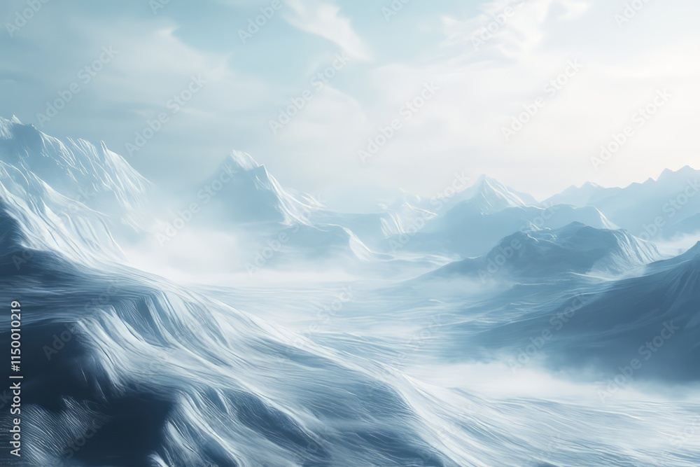 Poster multi-layered ice texture showcases misty surface depth in a serene landscape