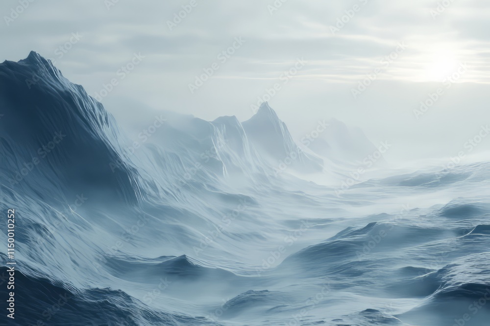Poster Intricate texture of layered ice reveals a misty landscape at dawn with depth and tranquility