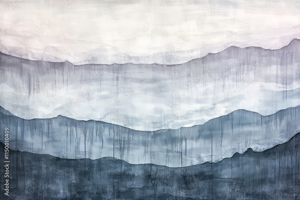 Poster Multi-layered ice texture features misty surface and small rocks in a serene landscape